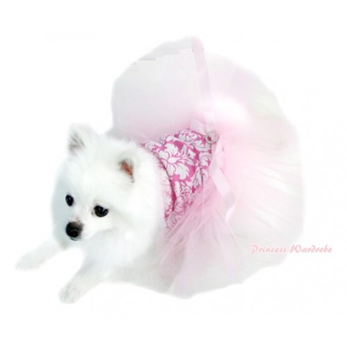 Light Pink White Damask Sleeveless Light Pink Gauze Skirt With Light Pink Rhinestone Bow Pet Dress DC026 